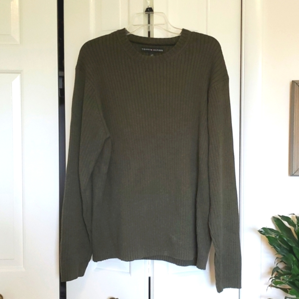 Tommy Hilfiger Olive Army Green Cable Knit Men's Sweater, L